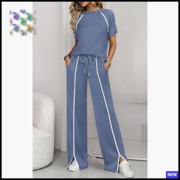 Casual Two Piece Lounge Set Wide Leg Pants Oversized Chic Summer Outfits - Picture 6 of 7